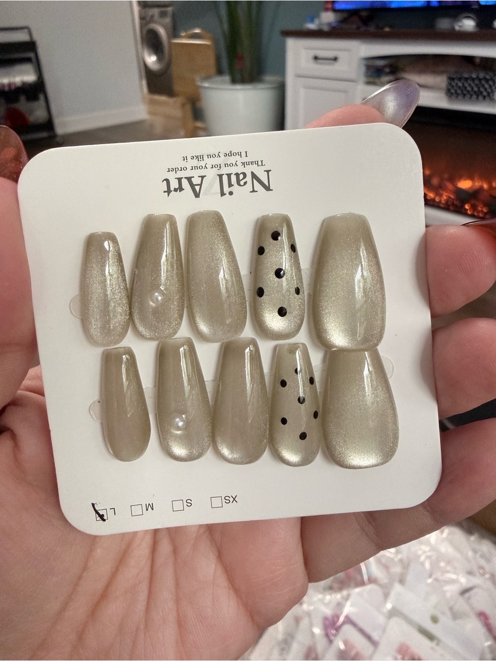 Pearl Champagne Press-On Nails with Black Dot Accent